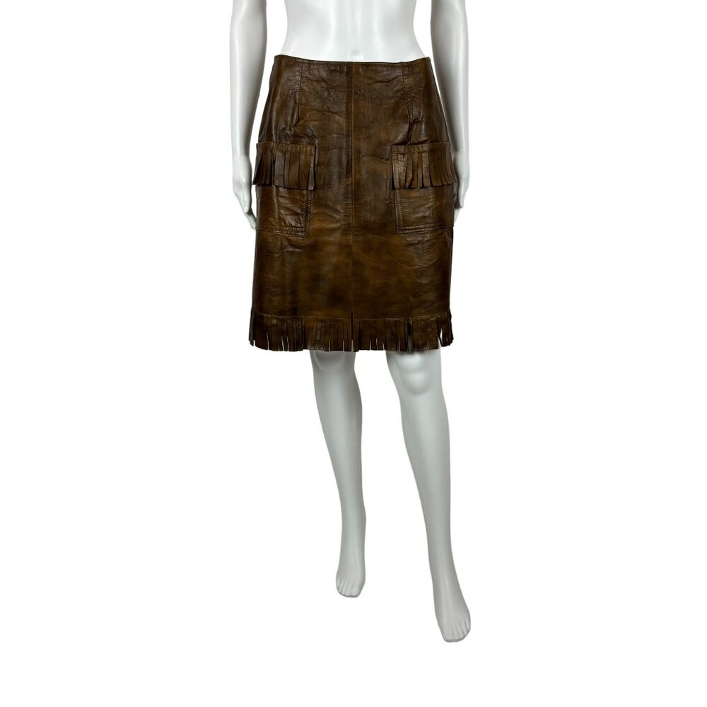Vintage 60s Faux Leather Skirt Women's Small Brown Fringe Mini Cowgirl Western - Picture 2 of 9